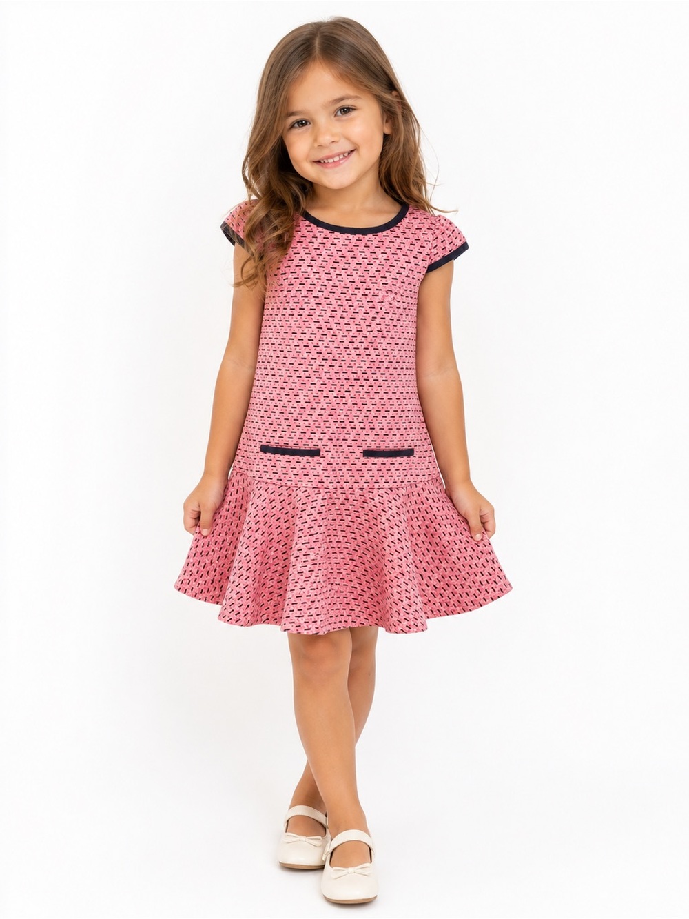 Janie and Jack Girls Pink Textured Fit-and-Flare Dress with Navy Trim size 6